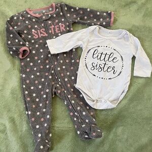 Carter's‎ Gray/Pink Polka Dot and White Onesie Little Sister Outfits, Size 9-12M